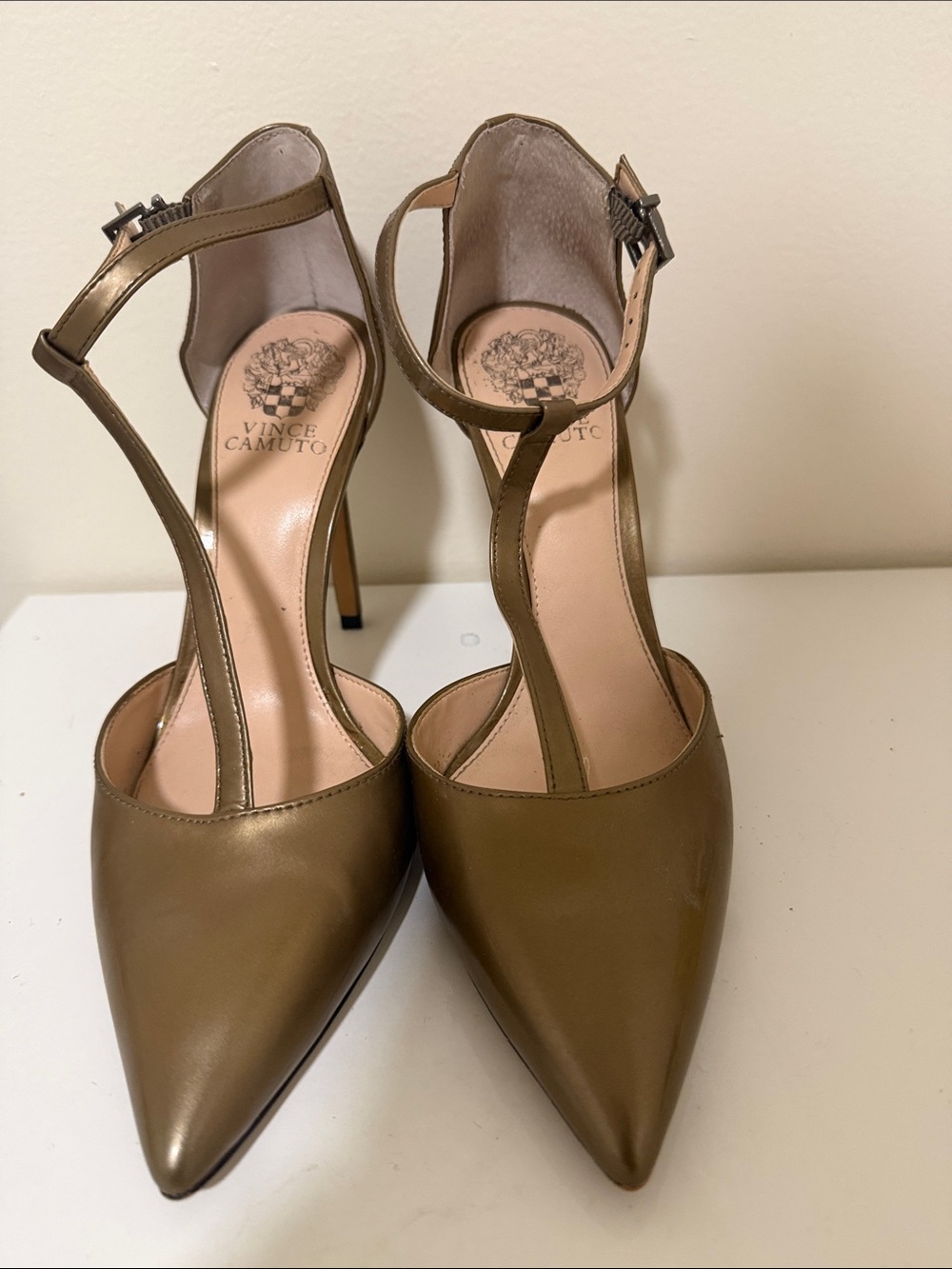 Vince Camuto Olive-Tone Leather Pointed T-Strap Pumps